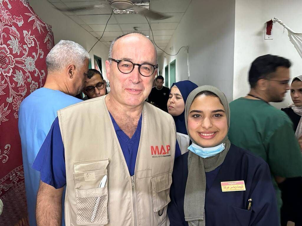 Professor Nick Maynard (left) with Gaza volunteer with nurse Shaimaa Arafa during his recent trip to Al-Aqsa Hospital in Gaza. Picture sent by Nick Bramhill Professor Nick Maynard (left) with Gaza volunteer with nurse Shaimaa Arafa during his recent trip to Al-Aqsa Hospital in Gaza. Picture sent by Nick Bramhill