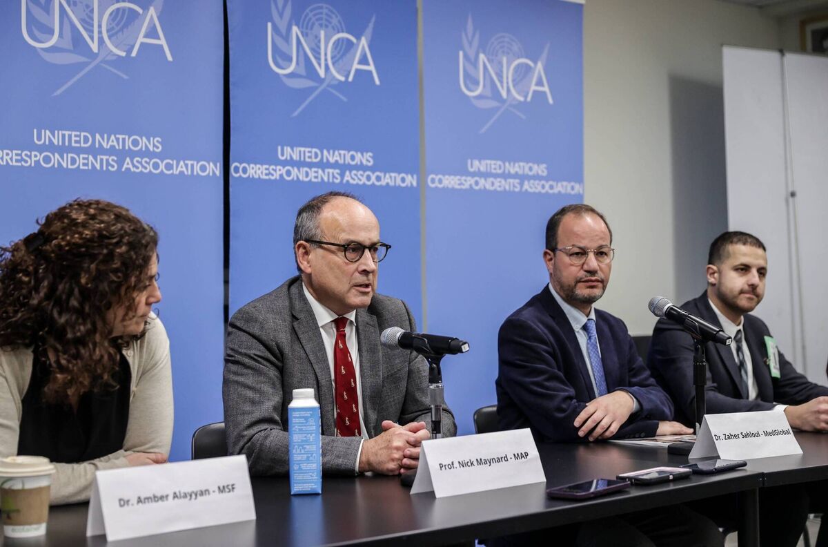 (Left to right) Doctor Amber Alayyan, Professor Nick Maynard, Doctor Zaher Sahloul and Doctor Thaer Ahmad, a high-level delegation of four critical-care doctors who have worked on the frontlines of medical care in Gaza talk to the press at the United Nations in New York last month. Photo: Selcuk Acar/Anadolu via Getty Images (Left to right) Doctor Amber Alayyan, Professor Nick Maynard, Doctor Zaher Sahloul and Doctor Thaer Ahmad, a high-level delegation of four critical-care doctors who have worked on the frontlines of medical care in Gaza talk to the press at the United Nations in New York last month. Photo: Selcuk Acar/Anadolu via Getty Images